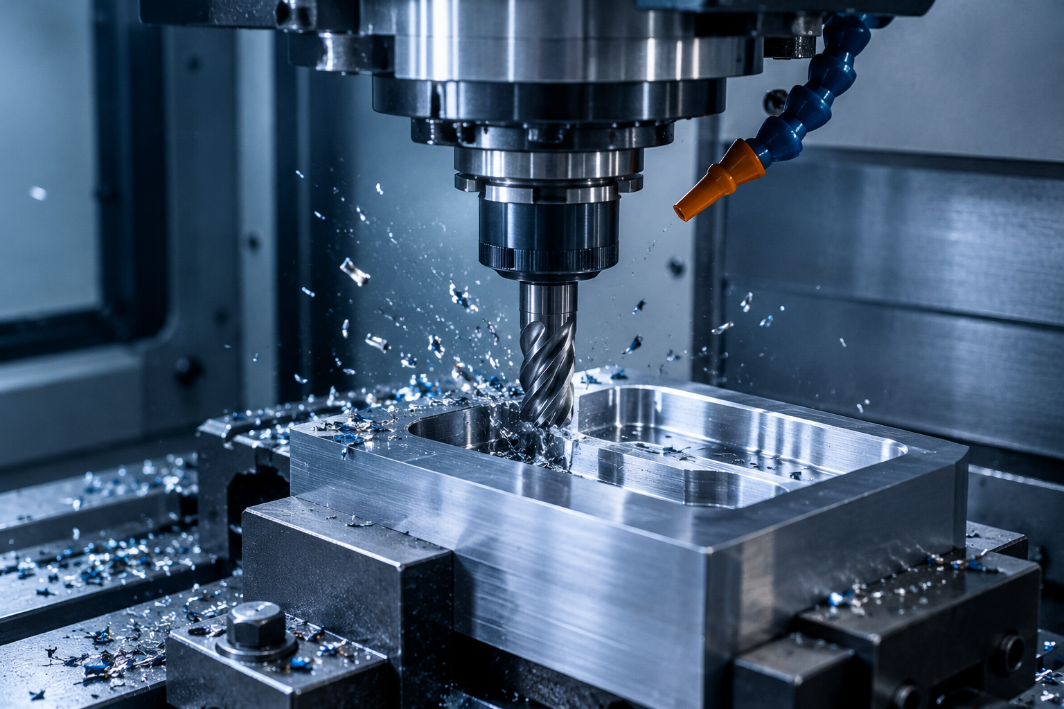 CNC milling machine cutting a metal part